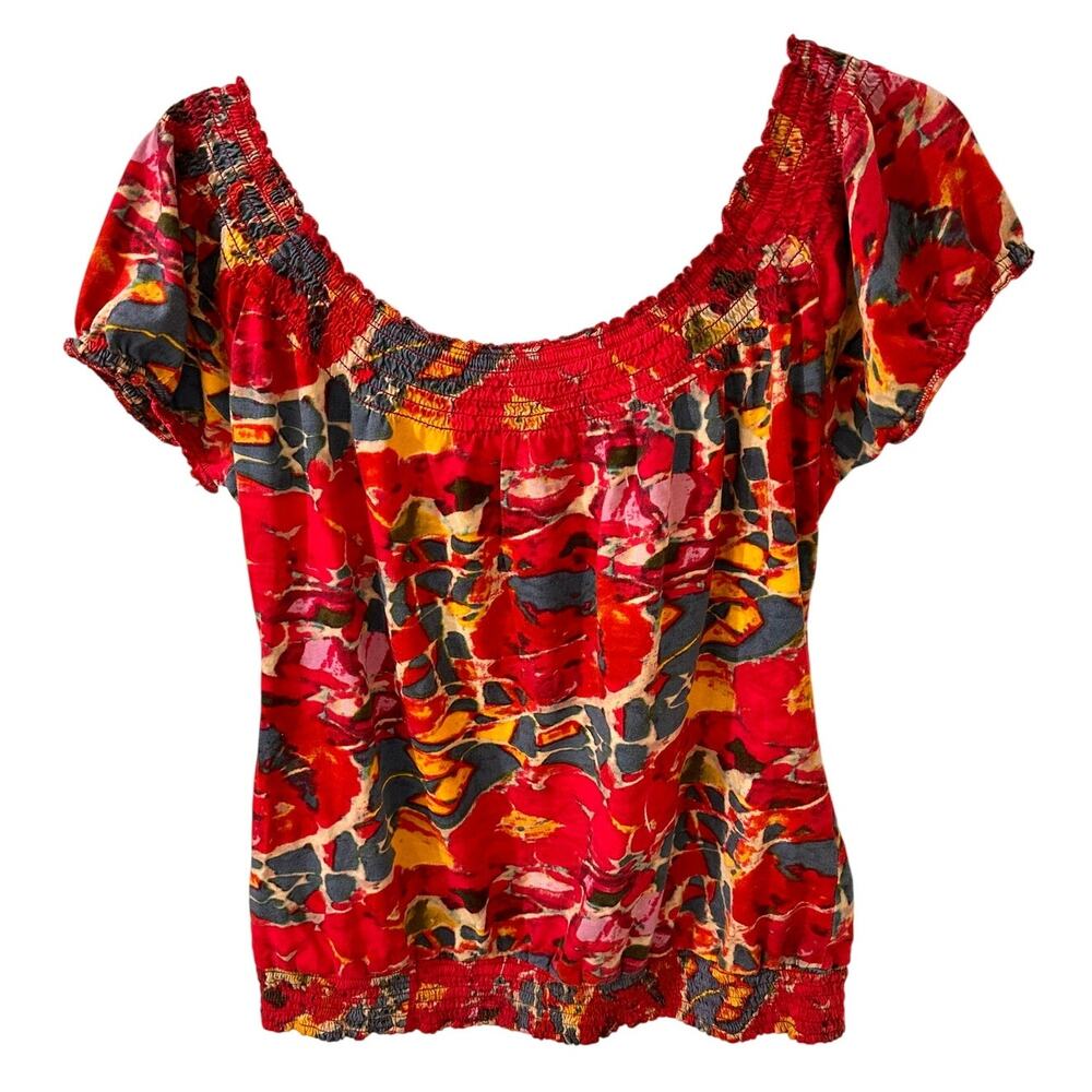 VTG Lucky Brand Abstract Cotton Floral Shirred Short-Sleeve Scoop Neck Top, S